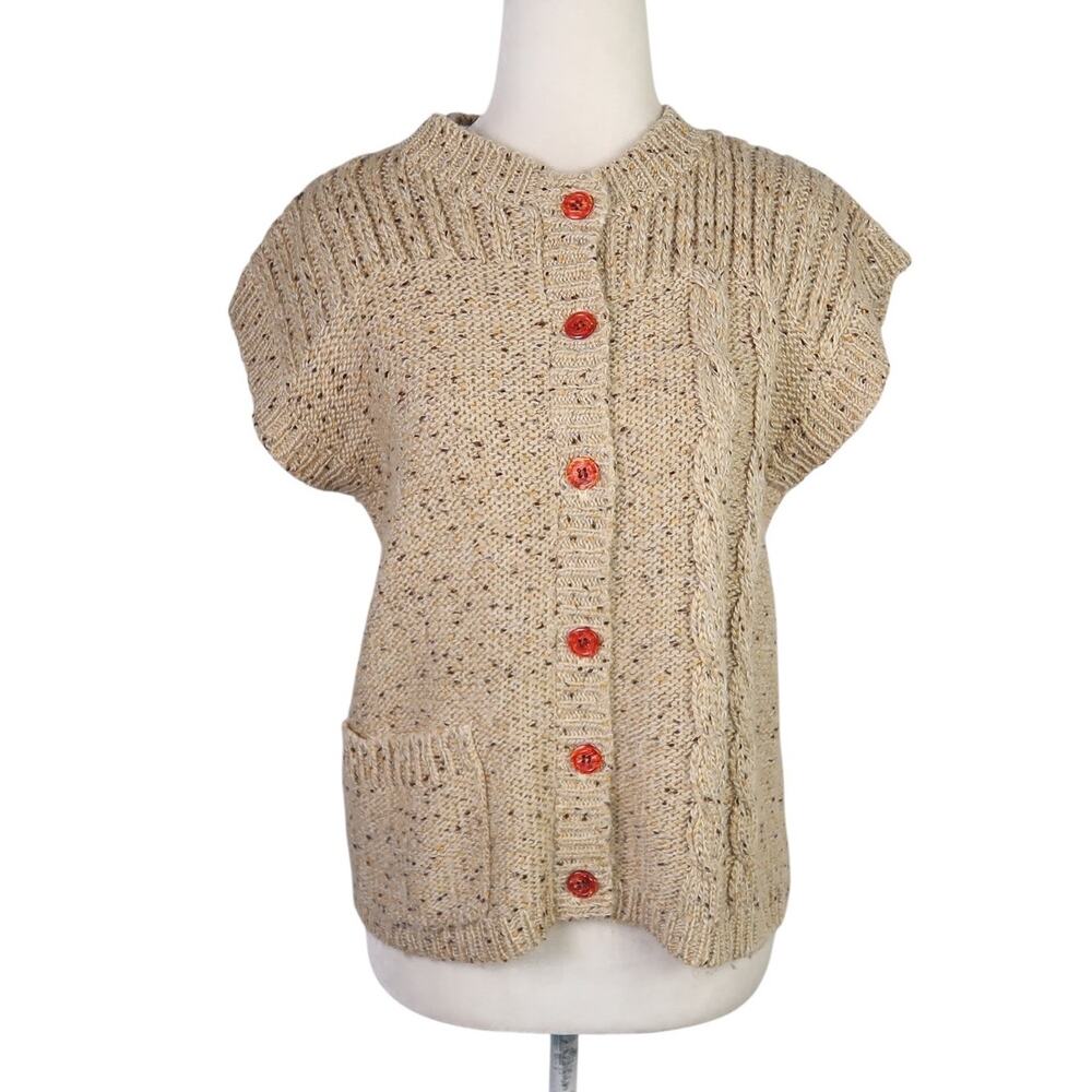 Vintage 70s Tan Speckled Wool Knit Short Sleeve Cardigan Sweater S